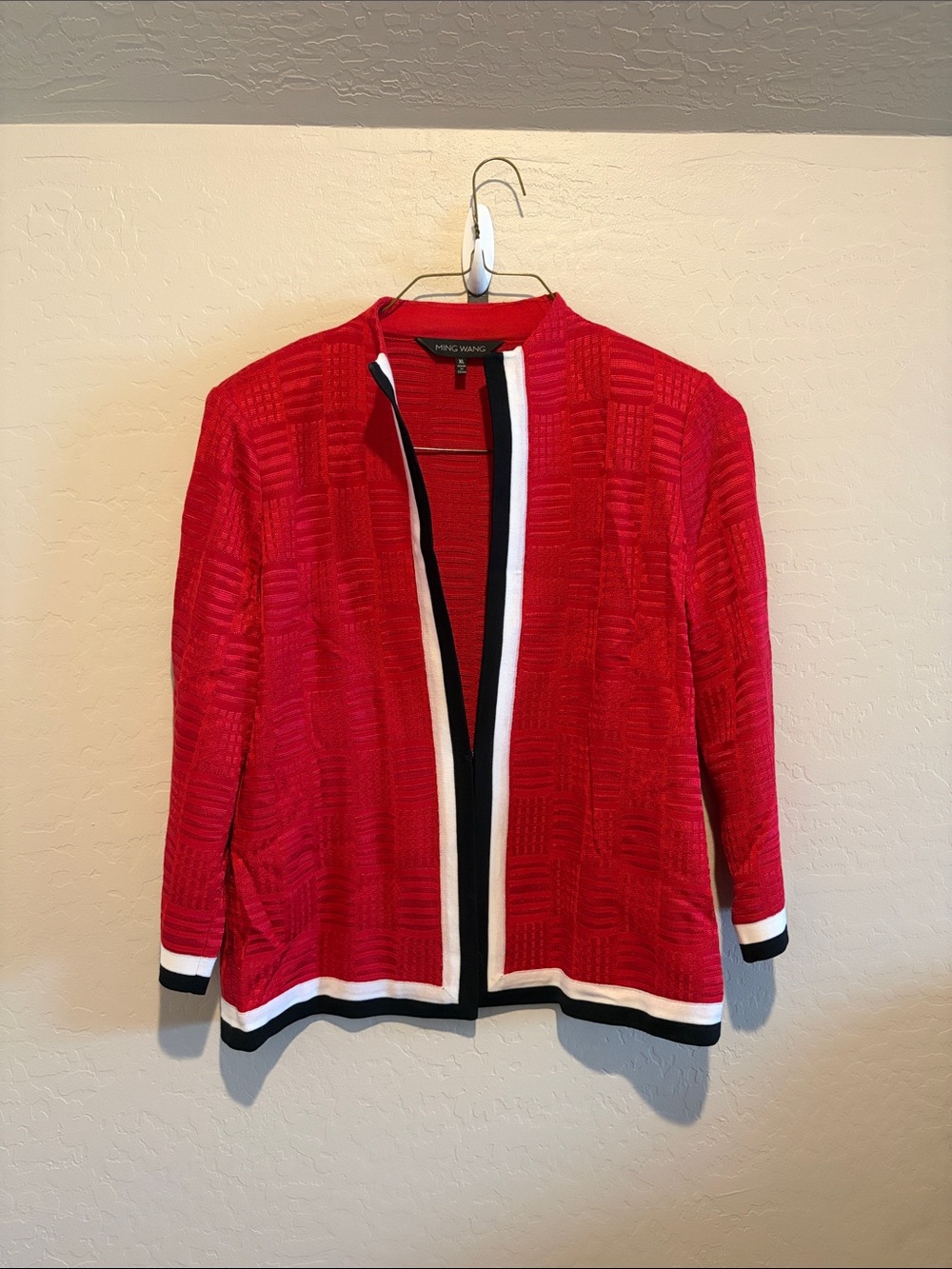 Ming Wang Bright Red Open-Front Knit Jacket with Black & White Trim